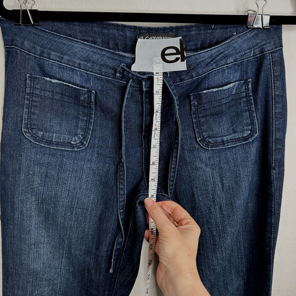 Vintage Z Cavaricci Dark Wash Low Rise Flare Front Tie Waist Jean Patch Pocket 7 - Picture 9 of 13